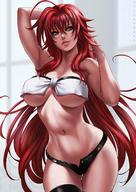 1girl arms_behind_back black_legwear black_shorts blue_eyes breasts dandon_fuga hands high_school_dxd large_breasts long_hair navel red_hair rias_gremory short_shorts shorts smile solo solo_focus standing thighhighs very_long_hair // 880x1244 // 178.8KB