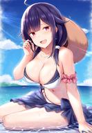 1girl :d ahoge alternate_costume arm_scrunchie arm_support bangs bare_shoulders beach bikini blurry blurry_background blush breasts cai_geng cleavage collarbone day enemy_lifebuoy_(kantai_collection) eyebrows_visible_through_hair groin hair_flaps hand_in_hair hat highres kantai_collection large_breasts long_hair looking_at_viewer low_twintails navel ocean open_mouth outdoors purple_hair purple_sarong red_eyes sarong see-through sidelocks sitting skindentation smile solo sparkle stomach sun_hat sunlight swimsuit taigei_(kantai_collection) thighs twintails wet white_bikini yokozuwari // 1080x1555 // 284.0KB