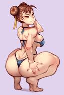 1girl ass bangs bare_arms bare_back bare_legs bare_shoulders barefoot bikini blue_bikini breasts brown_eyes brown_hair capcom chun-li closed_mouth deep_skin double_bun from_behind full_body hair_ribbon kelvin_hiu large_breasts looking_at_viewer purple_background ribbon sideboob simple_background soles solo squatting street_fighter swimsuit thick_thighs thighs tiptoes // 1288x1920 // 171.7KB