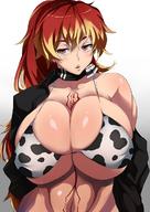 1girl abs animal_print ao_no_exorcist bikini blush breasts cleavage collarbone covered_nipples cow_print gigantic_breasts hips huge_breasts jacket kirigakure_shura leather leather_jacket lips long_hair multicolored_hair navel nuezou off_shoulder ponytail puffy_nipples purple_eyes scarf sleeves_rolled_up solo swimsuit tattoo two-tone_hair underboob wide_hips // 850x1200 // 145.0KB