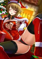 1girl ass bangs bare_shoulders black_bow black_legwear blush boots bow bowtie box breasts brown_hair christmas christmas_tree cleavage cleavage_cutout cross-laced_clothes dress dress_lift elbow_gloves fireplace gift gift_box gloves green_eyes hat kantai_collection knee_boots lace lace-trimmed_legwear large_breasts looking_at_viewer mutsu_(kantai_collection) one_eye_closed open_mouth panties radio_antenna red_dress red_footwear red_panties santa_costume santa_hat shibata_rai short_dress short_hair sideboob smile solo thighhighs_under_boots thighs underwear white_gloves // 880x1245 // 195.8KB
