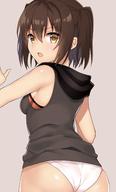 1girl armpit_crease ass back bare_shoulders breasts brown_eyes brown_hair commentary_request cowboy_shot from_behind grey_background hand_up hood hood_down hooded_sweater hoodie kantai_collection looking_at_viewer looking_back no_pants open_mouth panties sendai_(kantai_collection) short_hair simple_background small_breasts solo sweater sweater_vest two_side_up underwear v-shaped_eyebrows white_panties yuzuttan // 880x1456 // 108.8KB