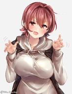1girl alternative_costume bangs black_vest blush breasts fangs female hair_between_eyes hood hoodie juurouta kantai_collection kinu_(kantai_collection) large_breasts looking_at_viewer open_mouth orange_eyes paw_pose red_hair short_hair solo vest // 880x1152 // 127.3KB