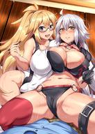 1boy 2girls absurdres ahoge bikini black-framed_eyewear black_bikini black_choker black_gloves black_jacket blonde_hair blue_eyes blush breasts choker collarbone competition_swimsuit covered_navel cropped_jacket fate_(series) girl_on_top glasses gloves highres holding holding_pencil huge_breasts jacket jeanne_d'arc_(alter_swimsuit_berserker) jeanne_d'arc_(fate)_(all) jeanne_d'arc_(swimsuit_archer) long_hair multiple_girls navel nose_blush o-ring o-ring_bikini o-ring_bottom o-ring_top one-piece_swimsuit open_mouth pencil ponytail red_legwear shrug_(clothing) single_thighhigh sitting sitting_on_person swimsuit thigh_strap thighhighs umakatsuhai white_hair white_swimsuit yellow_eyes // 1080x1512 // 299.0KB