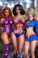 3d 3girls abs alien_girl amazon argoan arm_bands arms_behind_back belly_button belt big_breasts black_hair blonde_hair blue_boots blue_eyes blue_miniskirt blue_shirt blue_skirt boots breastplate breasts busty cape choker cleavage curvaceous curvy dc dc_comics diana_prince erect_nipples erect_nipples_under_clothes eyeshadow female female_only front_view ginger goddess green_eyes green_sclera human justice_league kara_zor-el koriand'r kryptonian large_breasts leotard lipstick makeup mascara medium_breasts midriff miniskirt nail_polish navel necklace nipple_bulge nipples orange_hair pink_lips pinup purple_boots purple_leotard purple_thighhighs red_belt red_boots red_cape red_hair red_lips red_lipstick red_nail_polish red_nails shirt signature skirt standing starfire stomach supergirl superheroine superman_(series) tamaranean teen_titans themysciran thick_thighs thighhighs thighs tiangtam tiara voluptuous wonder_woman wonder_woman_(series) // 1080x1673 // 294.7KB