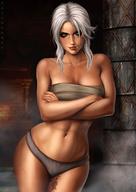 1girl bra ciri crossed_arms dandon_fuga green_eyes navel panties scar smile solo standing tattoo the_witcher the_witcher_3 underwear white_hair // 880x1245 // 147.1KB