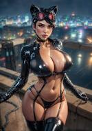 1girl abs ai_generated animal_ears areolae artist_request batman_(series) black_hair breasts cameltoe catwoman cleavage curvaceous dark-skinned_female dark_skin dc_comics detailed_background erect_nipples erect_nipples_under_clothes fake_animal_ears fake_cat_ears female female_only female_solo fit_female green_eyes hourglass_figure latex lipstick makeup midriff muscle navel nipples outdoors selina_kyle short_hair solo standing thick_thighs thighs wet wide_hips // 1088x1564 // 219.3KB