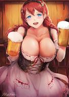 1girl :d alcohol areola_slip areolae bangs beer beer_mug black_bow blue_eyes blush bow braid breasts chair clavicle cleavage corset cup dress drink emma_verde female flower foam frills hair_bow hair_flower hair_ornament hairband high_resolution hiroki_ree holding holding_cup indoors large_breasts long_hair looking_at_viewer love_live!_(series) love_live!_school_idol_festival mug oktoberfest open_mouth perfect_dream_project red_hair ribbon-trimmed_dress signature smile solo tied_hair twin_braids white_dress // 1080x1527 // 250.3KB